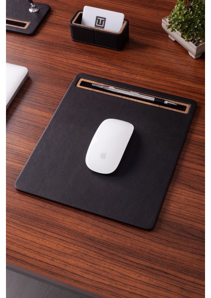 Deri Mousepad Düz Siyah Ahşap Detaylı