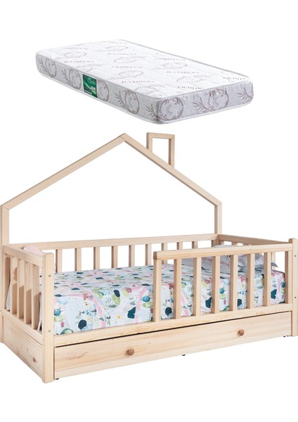 Doğal Ladin Montessori Karyola, Nil Yavrulu Montessori Yatak + 1 Adet Comfort Yatak
