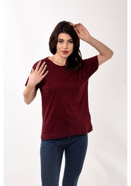 Kadın Basic Bisiklet Yaka Kısa Kollu T-Shirt Tişört Bordo