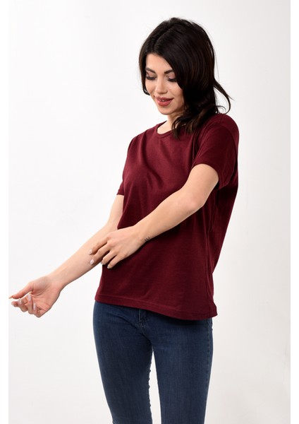 Kadın Basic Bisiklet Yaka Kısa Kollu T-Shirt Tişört Bordo