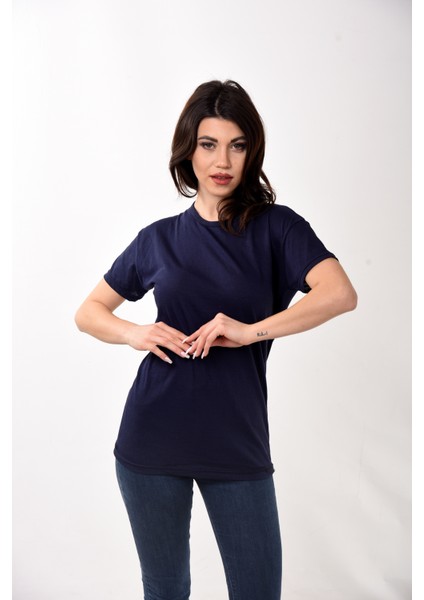 Belifanti Collection Kadın Basic Bisiklet Yaka Kısa Kollu T-Shirt Tişört Lacivert