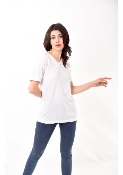 Belifanti Collection  V Yaka Basic Kadın Tişört T-Shirt Beyaz