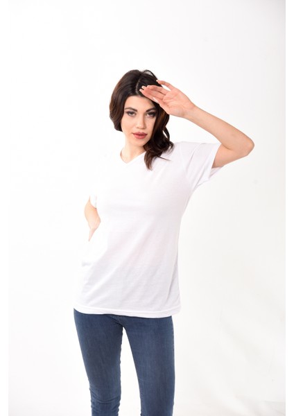 V Yaka Basic Kadın Tişört T-Shirt Beyaz