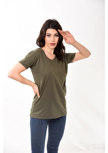 Belifanti Collection  V Yaka Basic Kadın Tişört T-Shirt Haki