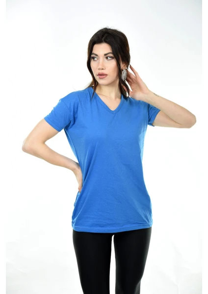 Belifanti Collection  V Yaka Basic Kadın Tişört T-Shirt Saks Mavisi