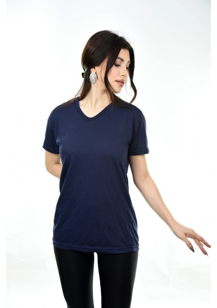 V Yaka Basic Kadın Tişört T-Shirt Lacivert
