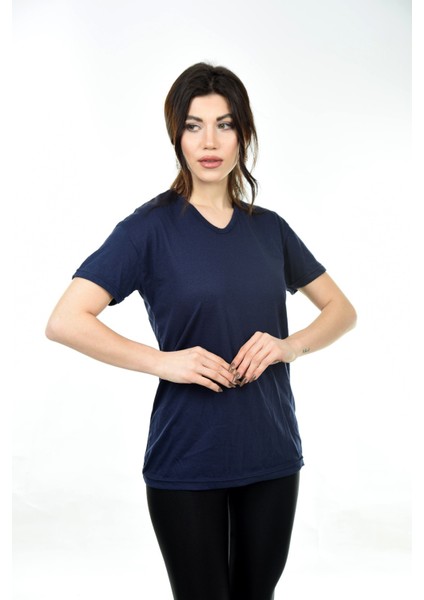 V Yaka Basic Kadın Tişört T-Shirt Lacivert fiyatları