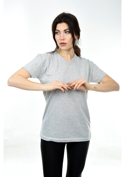 Belifanti Collection  V Yaka Basic Kadın Tişört T-Shirt Gri