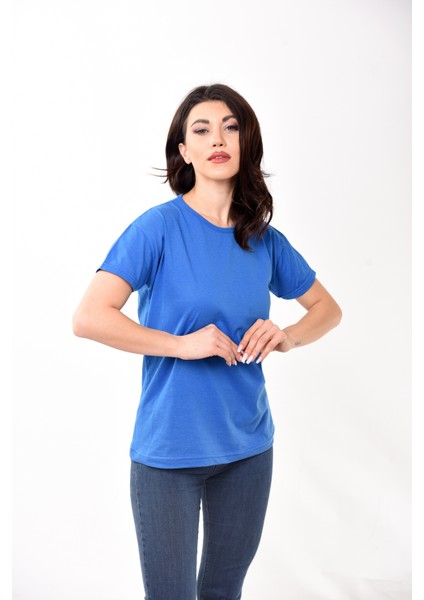 Kadın Basic Bisiklet Yaka Kısa Kollu T-Shirt Tişört Saks Mavisi