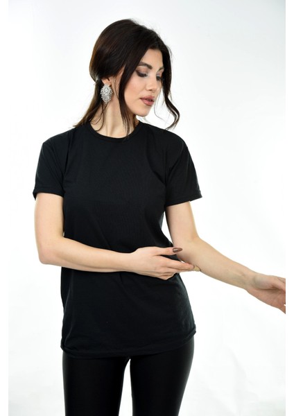 Kadın Basic Bisiklet Yaka Kısa Kollu T-Shirt Tişört Siyah