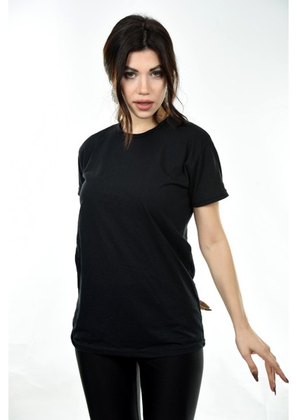 Kadın Basic Bisiklet Yaka Kısa Kollu T-Shirt Tişört Siyah modelleri