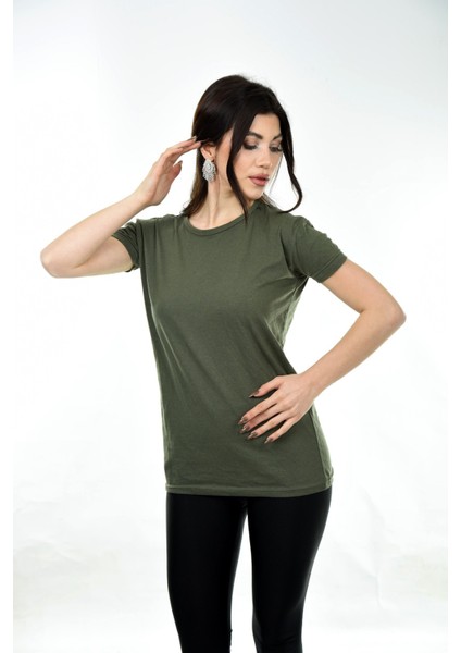 Kadın Basic Bisiklet Yaka Kısa Kollu T-Shirt Tişört Haki