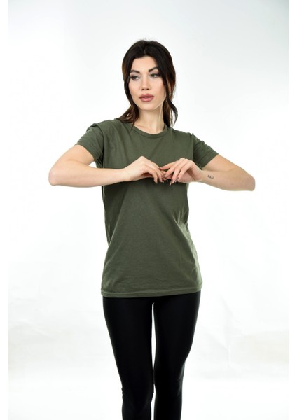Kadın Basic Bisiklet Yaka Kısa Kollu T-Shirt Tişört Haki fiyatları
