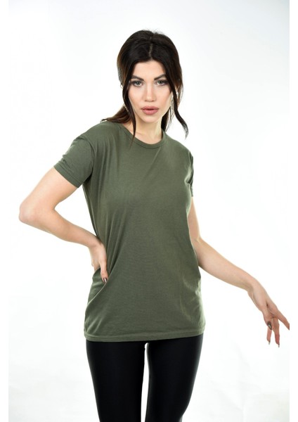 Kadın Basic Bisiklet Yaka Kısa Kollu T-Shirt Tişört Haki modelleri