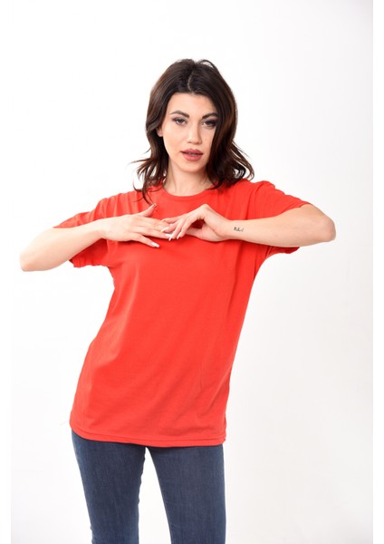 Kadın Basic Bisiklet Yaka Kısa Kollu T-Shirt Tişört Kırmızı
