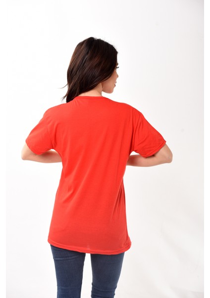 Kadın Basic Bisiklet Yaka Kısa Kollu T-Shirt Tişört Kırmızı modelleri