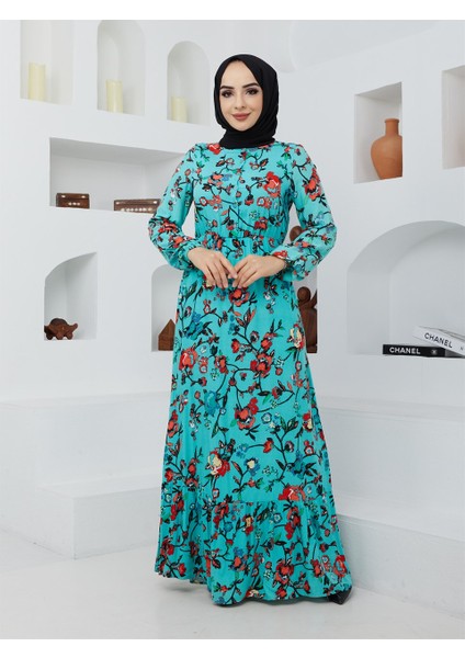 Kadın Modest Basic Pamuklu Viskon Yazlık Düğmeli Çiçek Desenli Uzun Boy Tesettür Elbise