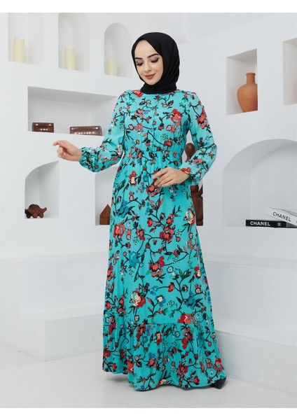 Kadın Modest Basic Pamuklu Viskon Yazlık Düğmeli Çiçek Desenli Uzun Boy Tesettür Elbise fırsatları