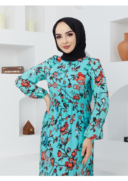 Kadın Modest Basic Pamuklu Viskon Yazlık Düğmeli Çiçek Desenli Uzun Boy Tesettür Elbise indirimleri