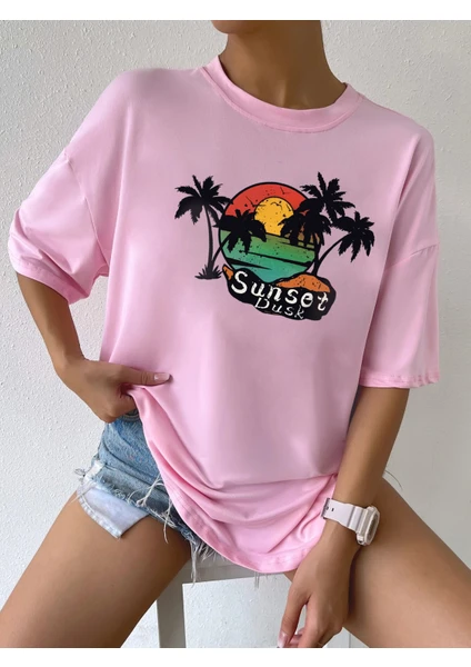 Sunset Baskılı Oversize Kadın T-Shirt