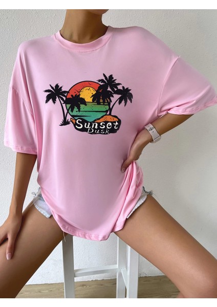 Sunset Baskılı Oversize Kadın T-Shirt