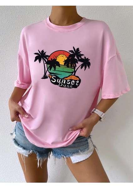 Sunset Baskılı Oversize Kadın T-Shirt