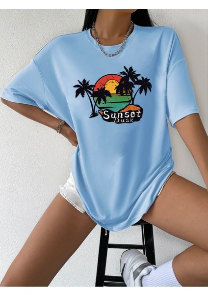 Sunset Baskılı Oversize Kadın T-Shirt