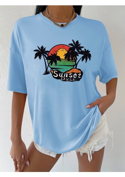 Sunset Baskılı Oversize Kadın T-Shirt