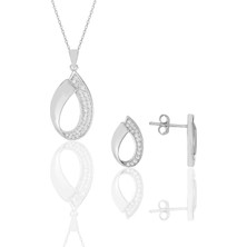 Söğütlü Silver Gümüş Rodyumlu Zirkon Taşlı Damla Kolye Kupe Ikili Set..