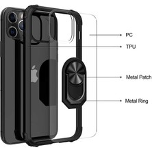 Canpay Apple iPhone 12 Pro Uyumlu Kılıf Standlı Yüzüklü Şeffaf Metal Ring Ultra Protective Case