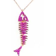 Oriental Taşlı Balık Kılçık Gümüş Rose Kolye