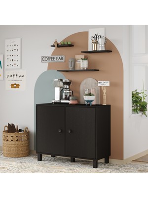 Robin Home Coffee Kahve Köşesi Çok Amaçlı Dolap Duvar Raflı Siyah