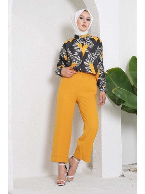 İmaj Butik Duble Geniş Paça Krep Pantolon/hardal