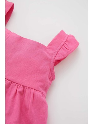DeFacto Kız Bebek Regular Fit Basic Kare Yaka Askılı Keten Görünümlü Elbise X9536A222SM