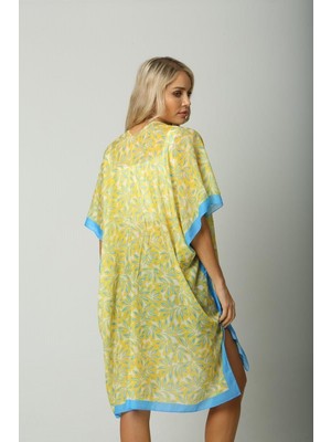 Luminos Butik Kadın Turkuaz Sarı Yaprak Desenli Pareo - Kimono