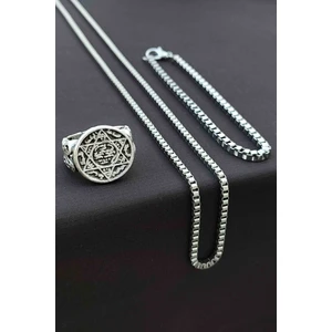 Trend Collection Davut Yıldızı Hz. Süleyman Mührü Ayarlanabilir Gümüş Kaplama Yüzük Küp Bileklik ve Kolye Set