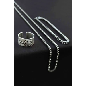 Trend Collection Smile Gülen Yüz Şimşek Motif Ayarlanabilir Gümüş Kaplama Yüzük Küp Bileklik ve Kolye Set