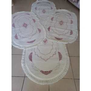 Enva Home %100 Akrilik Iplik Saçaklı Oval Tarzda 3'lü Set Beyaz Yatak Odası Halısı 1126 Pembe