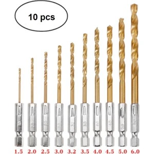 Hss Çelik Titanyum Kaplı Matkap Ucu Seti 10 Parça Altıgen Saplı 1/4 Hex Ahşap Metal Uç Takımı