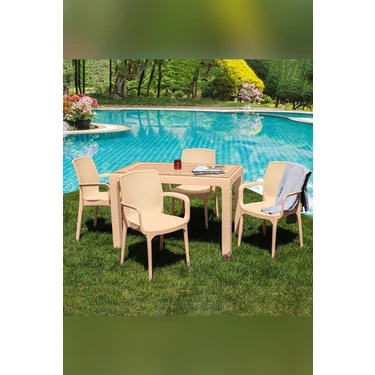 Çavdar Group Rattan 70 x 120 cm Camlı Bahçe Balkon Teras Masa Takımı 4'lü