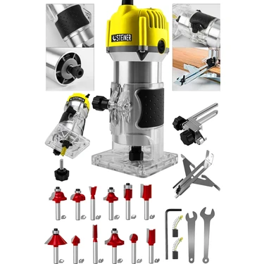 Steiner Alman 3000 Watt 6 Kademe Devir Ayarlı Formika Traşlama Freze Makinesi 6 mm Pens + 12 Adet