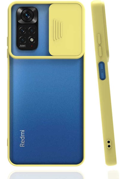 Xiaomi Redmi Note 11 Global Kapak Lensi Açılır Kapanır Kamera Korumalı Silikon Kılıf - Sarı