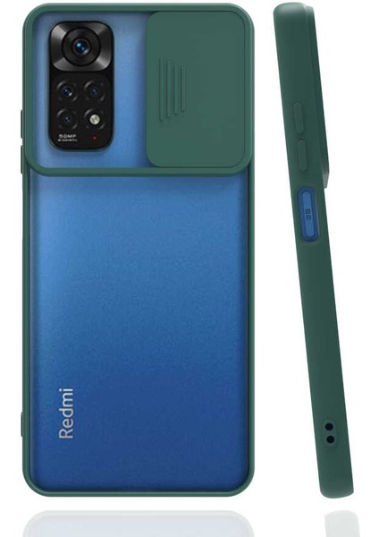 Xiaomi Redmi Note 11S Global Kapak Lensi Açılır Kapanır Kamera Korumalı Silikon Kılıf - Yeşil