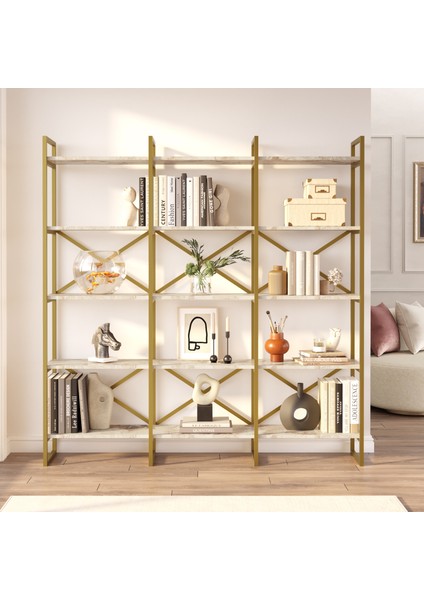 Robin Home Atlantis Gold Metal Kitaplık 5 Raflı Geniş 3 Bölme 175CM Mermer Desen