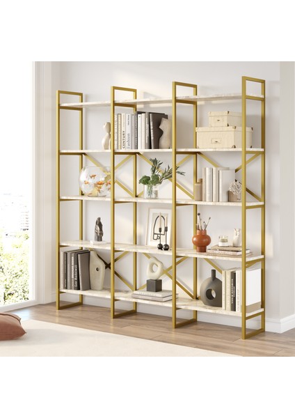 Robin Home Atlantis Gold Metal Kitaplık 5 Raflı Geniş 3 Bölme 175CM Mermer Desen