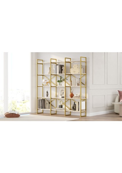 Robin Home Atlantis Gold Metal Kitaplık 5 Raflı Geniş 3 Bölme 175CM Mermer Desen