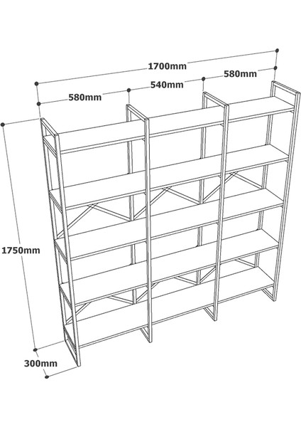 Robin Home Atlantis Gold Metal Kitaplık 5 Raflı Geniş 3 Bölme 175CM Mermer Desen