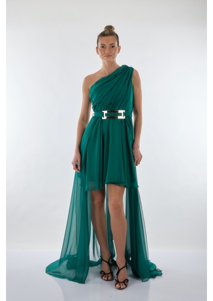 Tek Omuz Midi Şifon Oversize Elbise - Özel Günler İçin