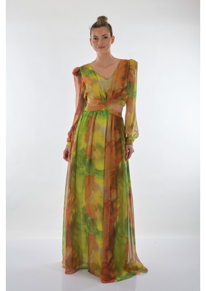 V Yaka Uzun Kol Maxi Şifon Elbise - Bohemian Stil