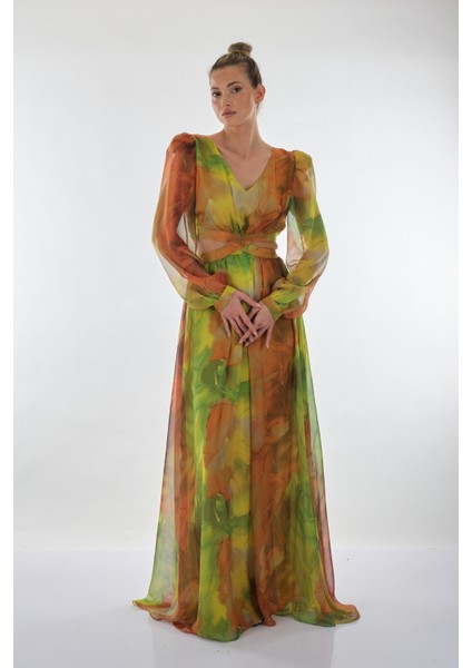 V Yaka Uzun Kol Maxi Şifon Elbise - Bohemian Stil fiyatları